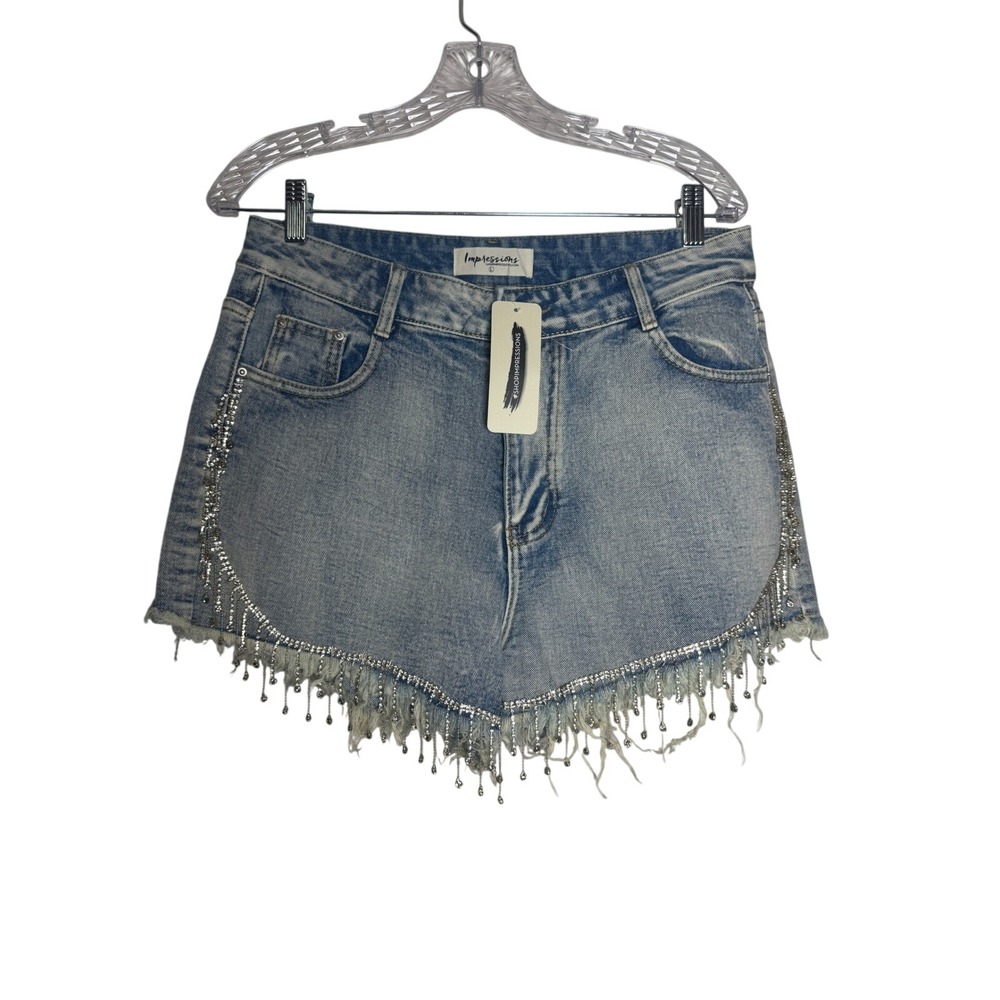 Impressions Rhinestone Fringe Denim Shorts Light Wash Blue Festival Size L